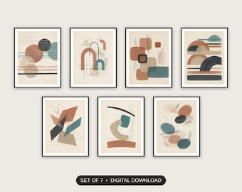 Japandi Wall Art Set of 7 | Mid Century Abstract Prints for Living Room | Home Office Decor Digital Download