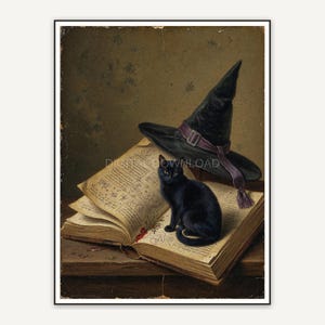 Vintage oil painting of a black cat with a witch hat and spellbook