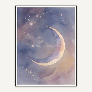 New moon and faint stars in calming watercolor
