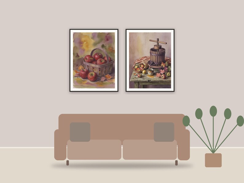 warm harvest still life printable art framed above a sofa in a styled living room