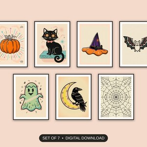 Set of 7 halloween decor and spooky season wall art printable prints shown as a gallery wall