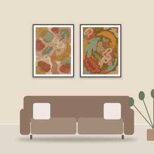 boho abstract printable art framed above a sofa in a styled living room