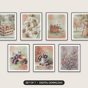 Set of 7 autumn orchard still life printable prints shown as a gallery wall