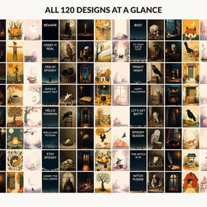 All 120 Halloween printable designs in the bundle shown together on one contact sheet