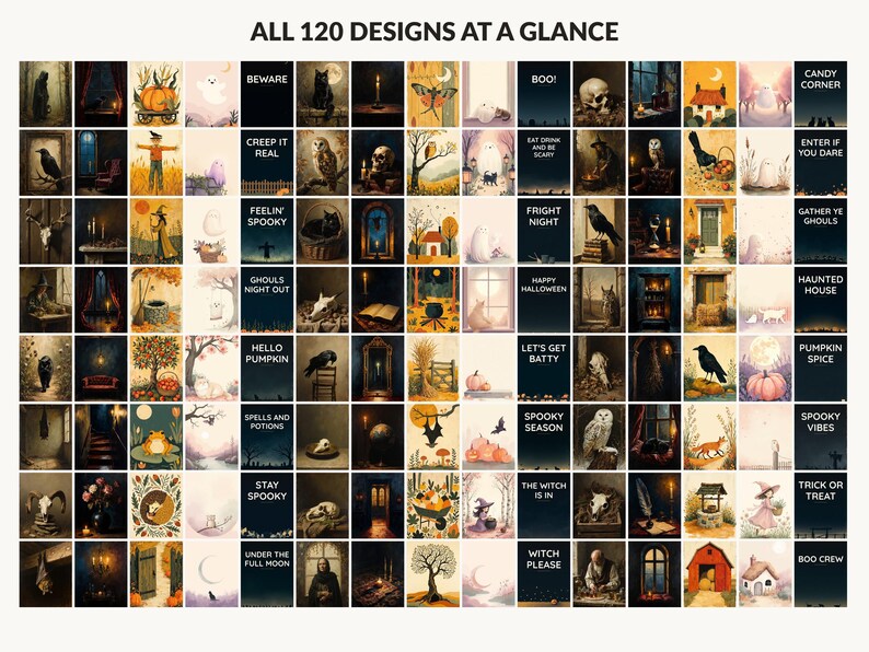 All 120 Halloween printable designs in the bundle shown together on one contact sheet