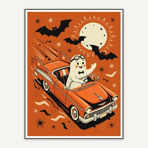 Atomic ghost in vintage car with bats and moon