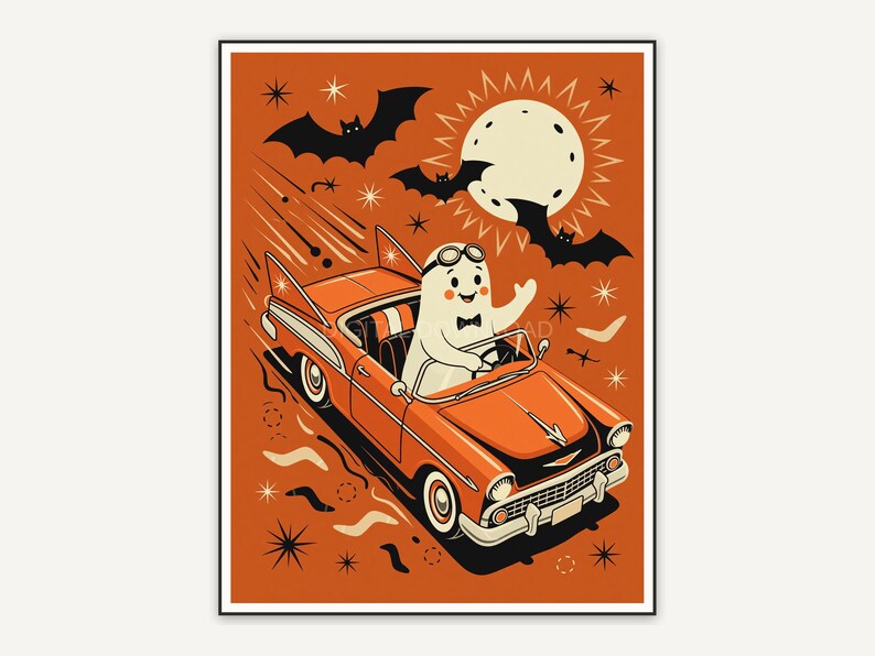 Atomic ghost in vintage car with bats and moon