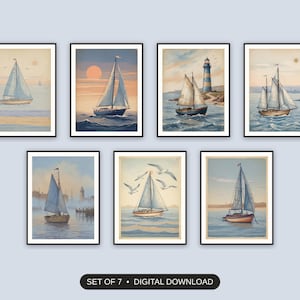 Set of 7 coastal americana printable prints shown as a gallery wall