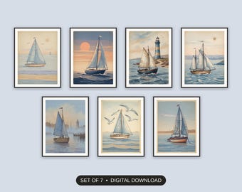 Vintage Sailboat Prints Set of 7 | Coastal Americana Wall Art for Porch | Labor Day Digital Download