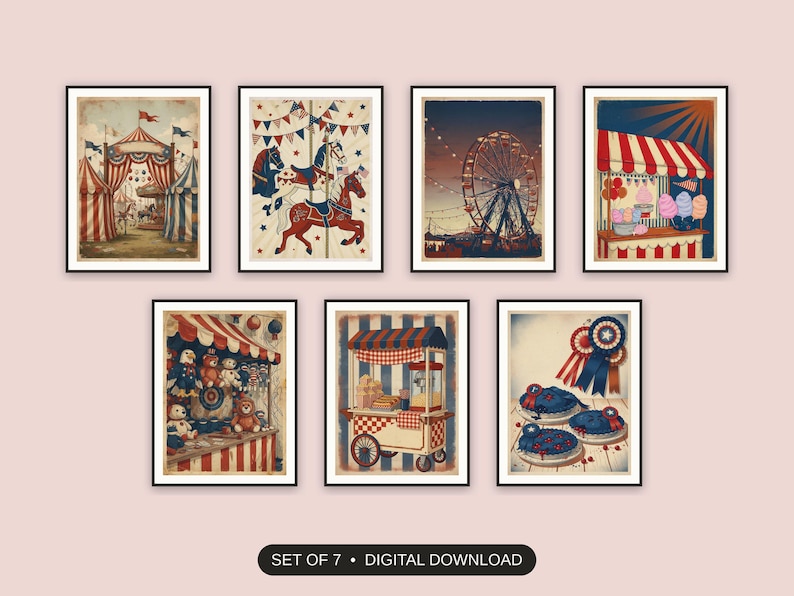 Set of 7 vintage americana summer printable prints shown as a gallery wall