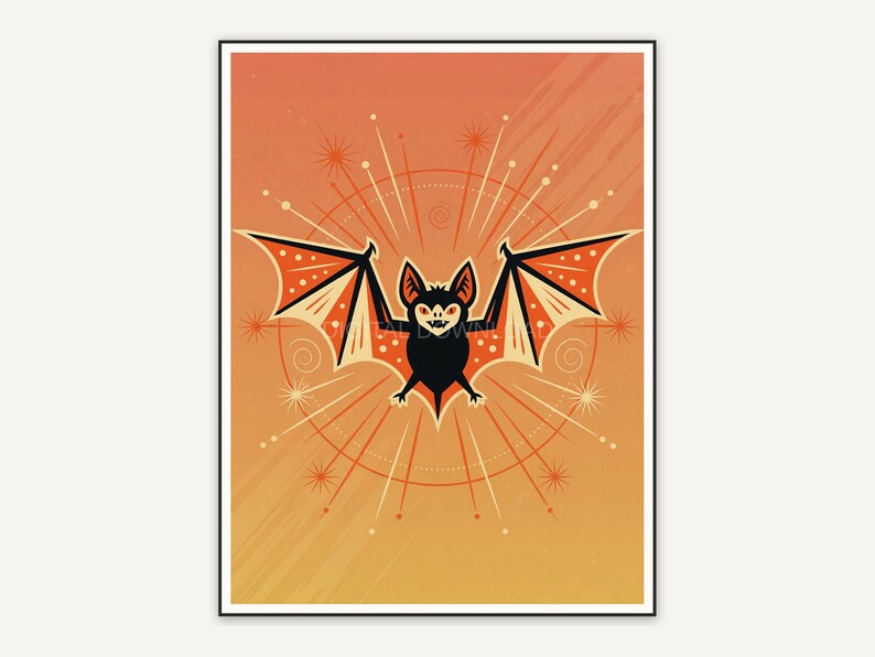 Retro mid century bat print in orange and black