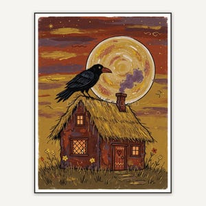 Whimsigoth primitive folk painting of full moon over thatched cottage