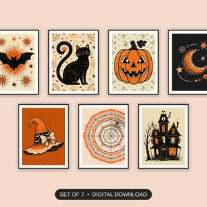 Set of 7 halloween decor printable prints shown as a gallery wall