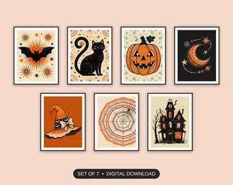 Halloween Printables, Set Of 7, Retro Mid Century Art, Kitchen Gallery Wall, Spooky Season Decor, Digital Download