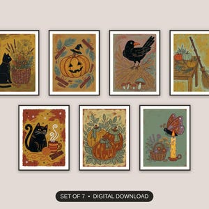 Set of 7 halloween kitchen prints printable prints shown as a gallery wall