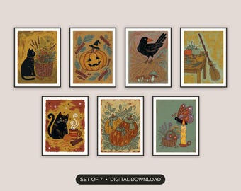 Halloween Kitchen, Set Of 7 Prints, Whimsigoth Cottagecore Folk, Primitive Kitchen Decor, Cozy Autumn Mantel, Digital Download