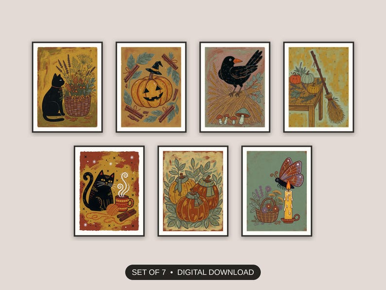 Set of 7 halloween kitchen prints printable prints shown as a gallery wall