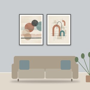 japandi mid-century modern abstract printable art framed above a sofa in a styled living room