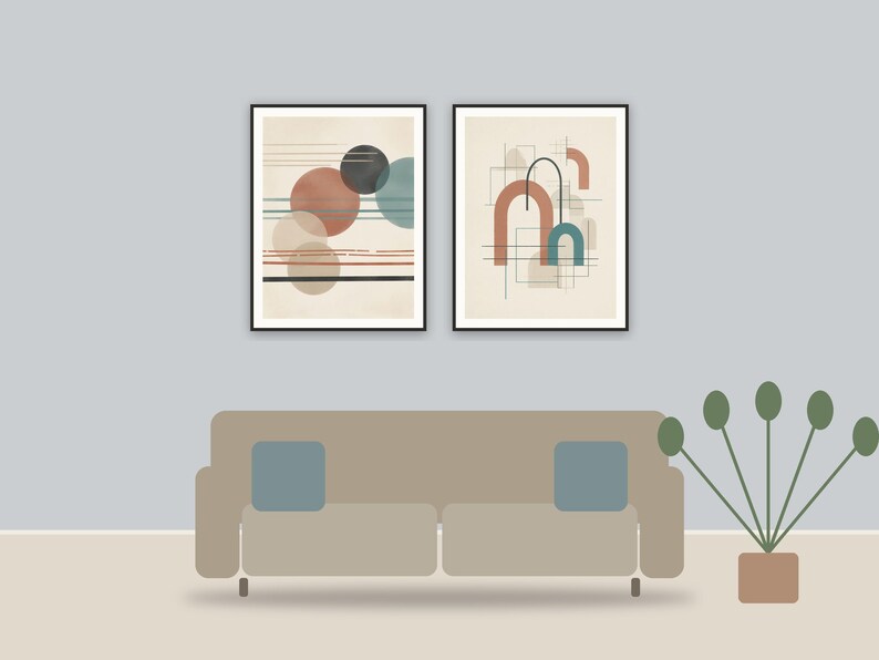 japandi mid-century modern abstract printable art framed above a sofa in a styled living room