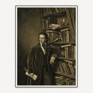 Poet beside bookshelf