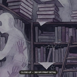 Close-up print detail of the halloween library artwork at 300 DPI