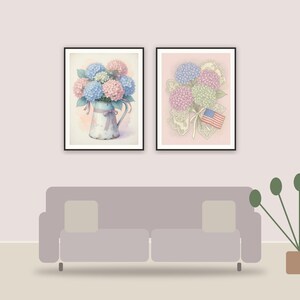 floral americana printable art framed above a sofa in a styled living room