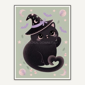 Black cat in tiny witch hat on pastel background