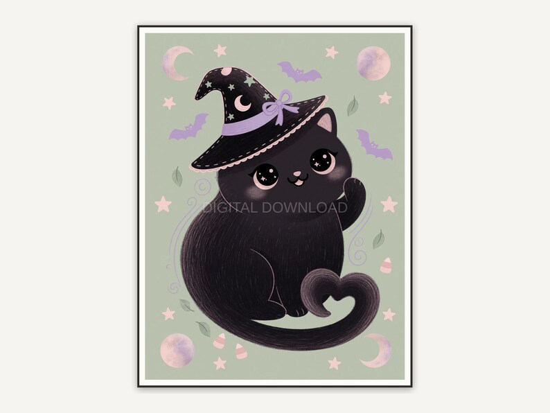 Black cat in tiny witch hat on pastel background