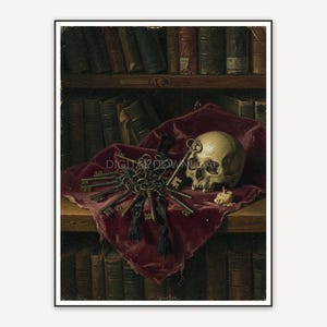 Antique keys and small skull on velvet library shelf