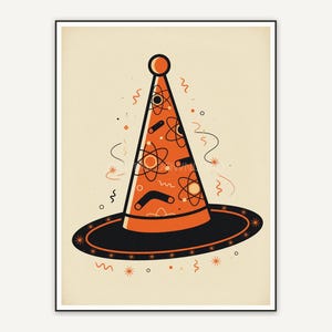 Stylized witch hat in orange and black retro palette