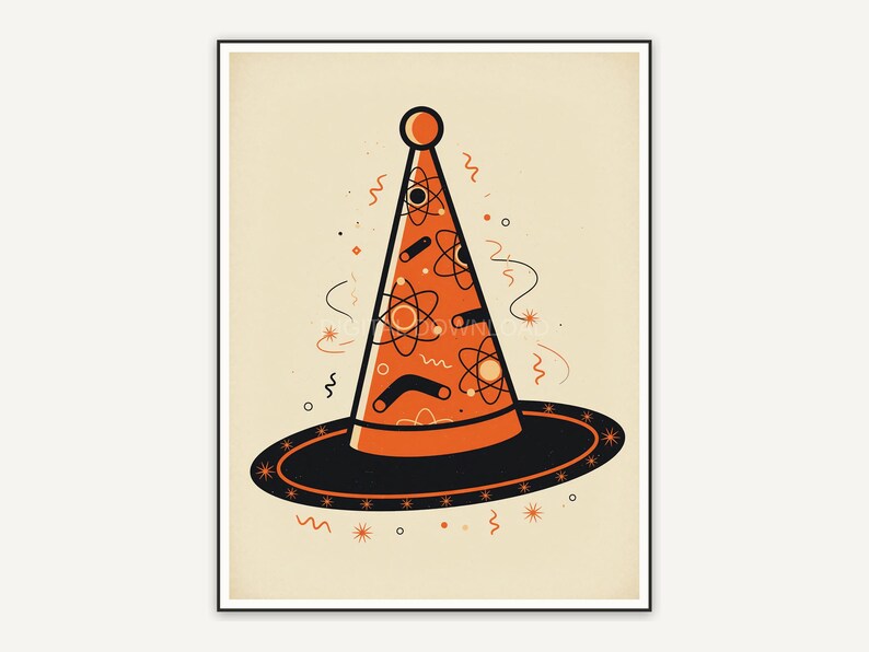 Stylized witch hat in orange and black retro palette