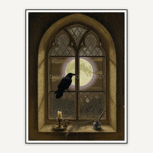 Vintage oil painting of full moon through arched window