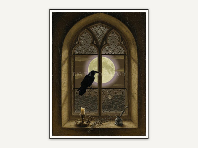 Vintage oil painting of full moon through arched window