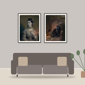 victorian halloween print printable art framed above a sofa in a styled living room