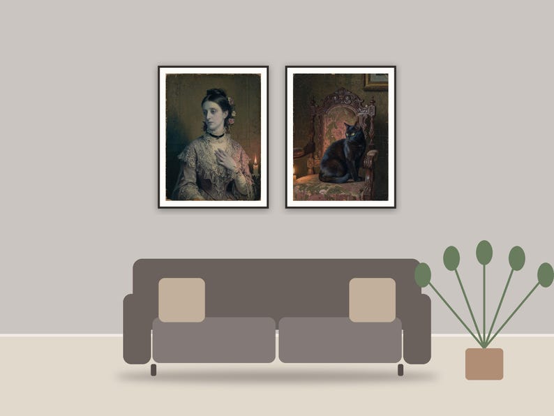 victorian halloween print printable art framed above a sofa in a styled living room