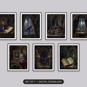 Set of 7 gothic dark academia halloween printable prints shown as a gallery wall