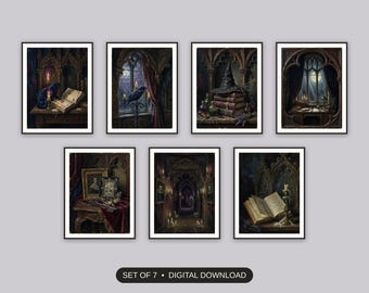 Goth Home Decor Print Set Of 7, Dark Academia Gallery Wall, Moody Manor Library Art, Study Nook Entryway Mantel