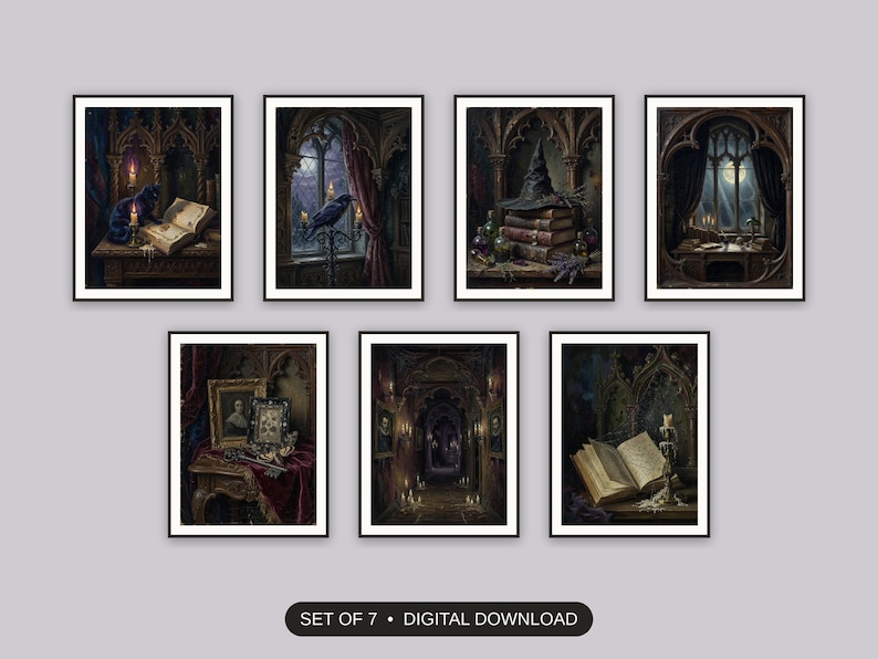 Set of 7 gothic dark academia halloween printable prints shown as a gallery wall
