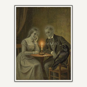 Vintage oil painting of two period-dressed ghosts with a raven at a table