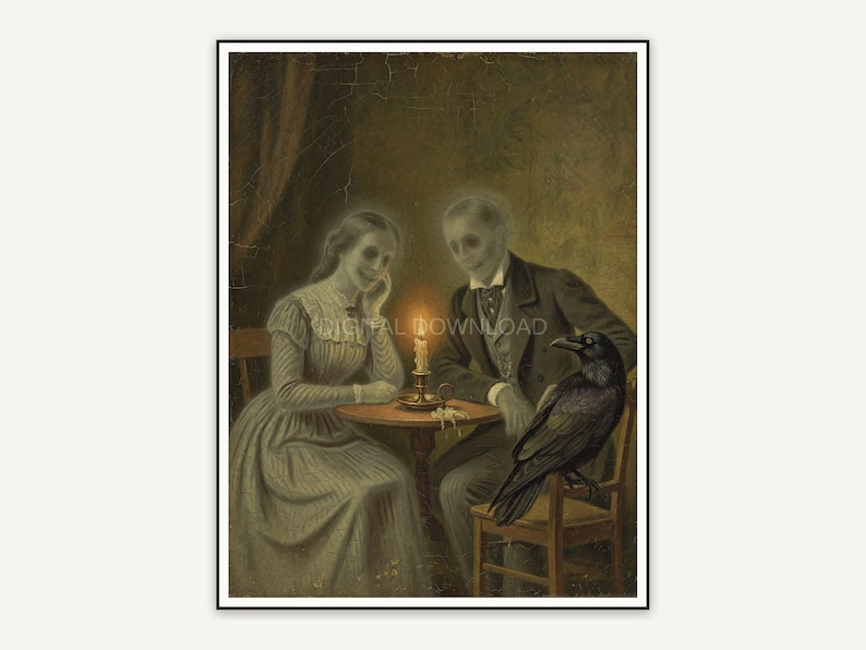 Vintage oil painting of two period-dressed ghosts with a raven at a table