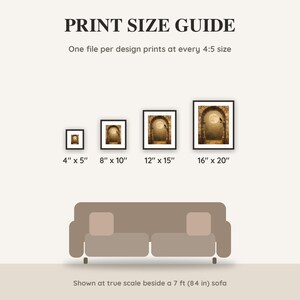 Print size guide showing 4x5, 8x10, 12x15 and 16x20 inch Halloween prints at true scale beside a sofa