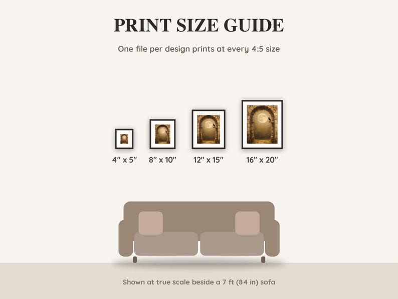 Print size guide showing 4x5, 8x10, 12x15 and 16x20 inch Halloween prints at true scale beside a sofa