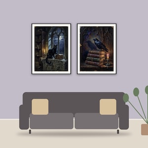 halloween decor and spooky season wall art printable art framed above a sofa in a styled living room