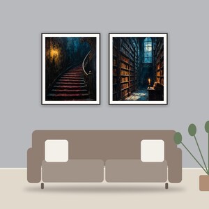 Shadowed Manor Studies printable art framed above a sofa in a styled living room