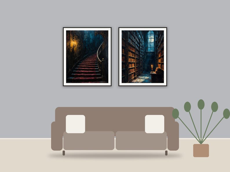 Shadowed Manor Studies printable art framed above a sofa in a styled living room