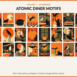 Volume 1 Atomic Diner Motifs: 24 printable Halloween art designs, flat mid century shapes in bold orange black cream