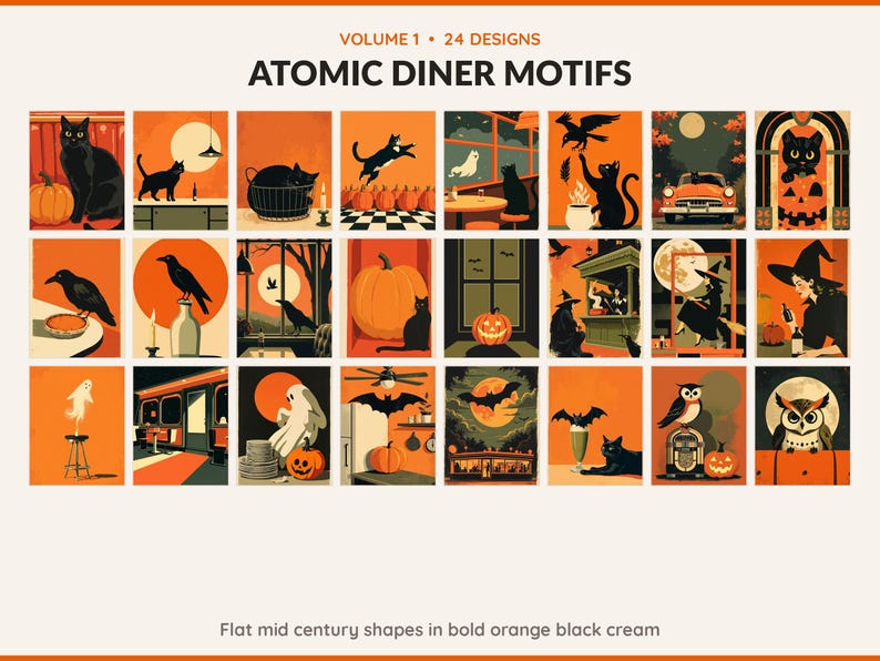 Volume 1 Atomic Diner Motifs: 24 printable Halloween art designs, flat mid century shapes in bold orange black cream