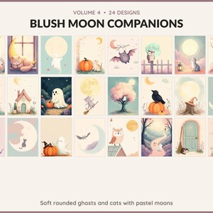Volume 4 Blush Moon Companions: 24 printable Halloween art designs, soft rounded ghosts and cats with pastel moons