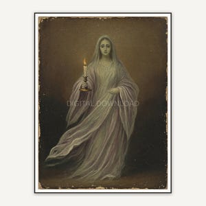 Vintage-style oil painting of a robed ghost holding a candle in muted brown tones