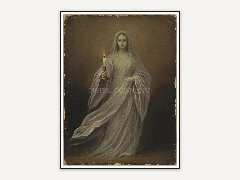Vintage-style oil painting of a robed ghost holding a candle in muted brown tones